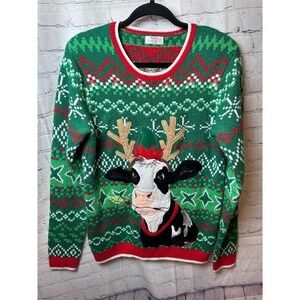 Holiday Time‎ Ugly Christmas Sweater Cow Reindeer Graphic Novelty Small